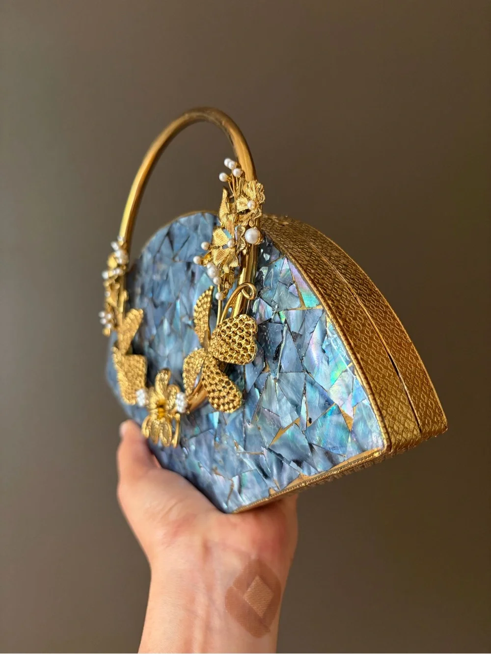 Gold Floral-Accent Iridescent Shell Evening Bag